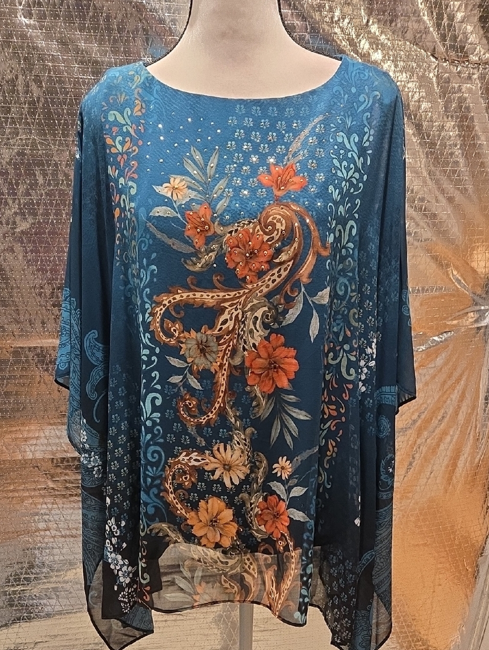 JM Collection Teal Blue Floral Paisley Tunic Top